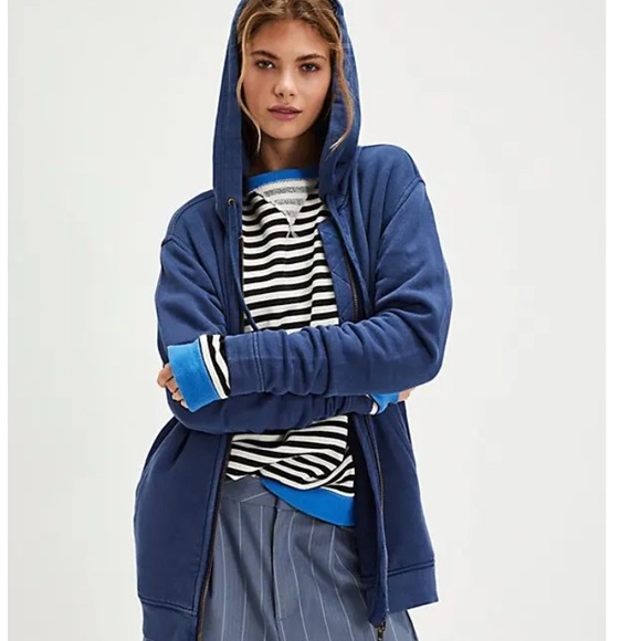 Free People Blue Double Zip Redwood Cardi Cotton Hoodie Oversized Medium NWT - Picture 1 of 14